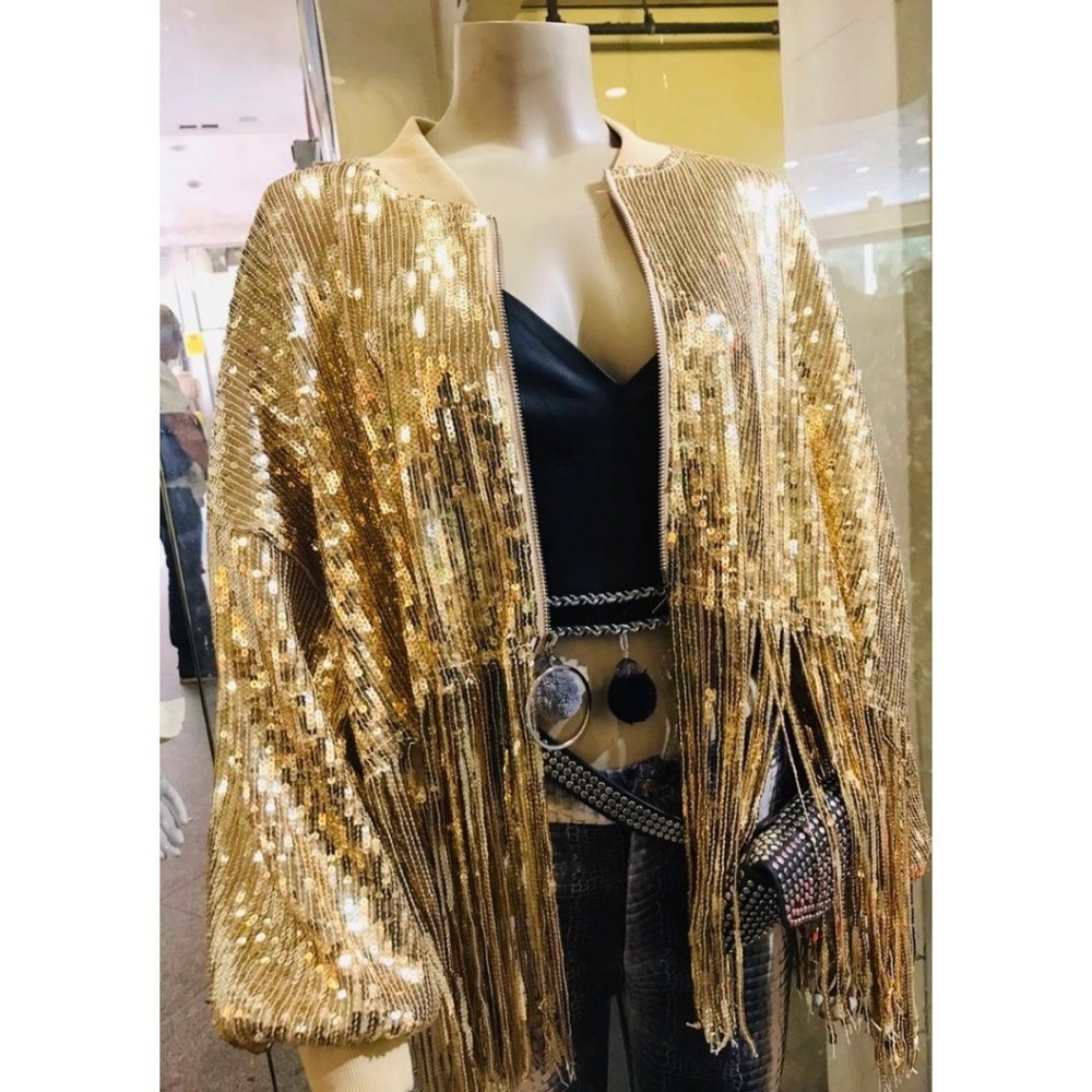 Sequin Fringe Bomber Jacket